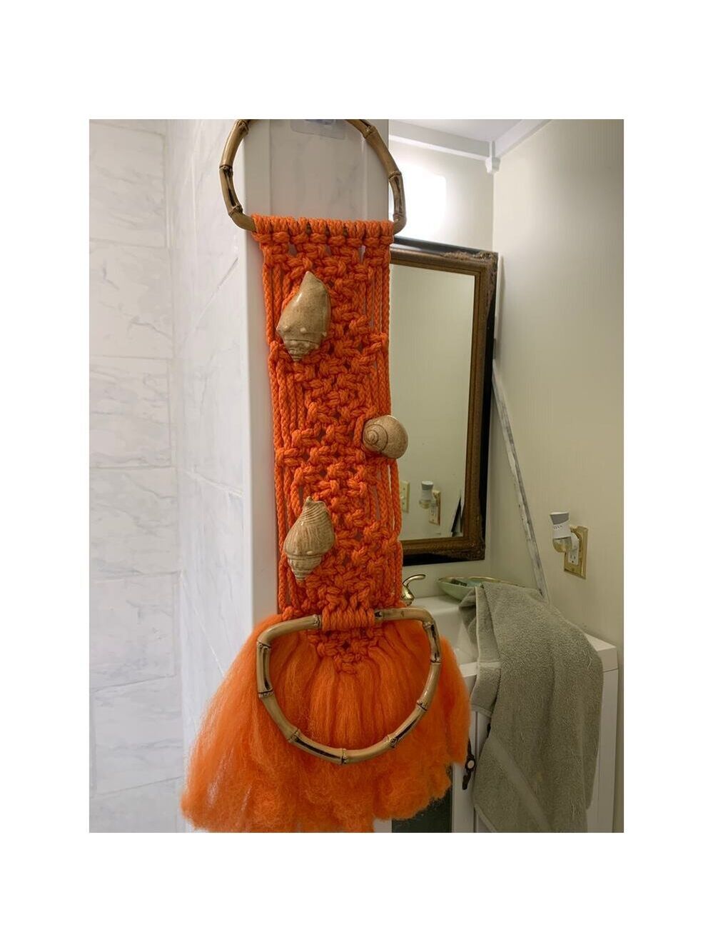vintage orange macrame towel holder shell hippie